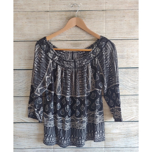💟 Lucky Brand Boho Wide Neck 3/4 Sleeve Top - Picture 1 of 5